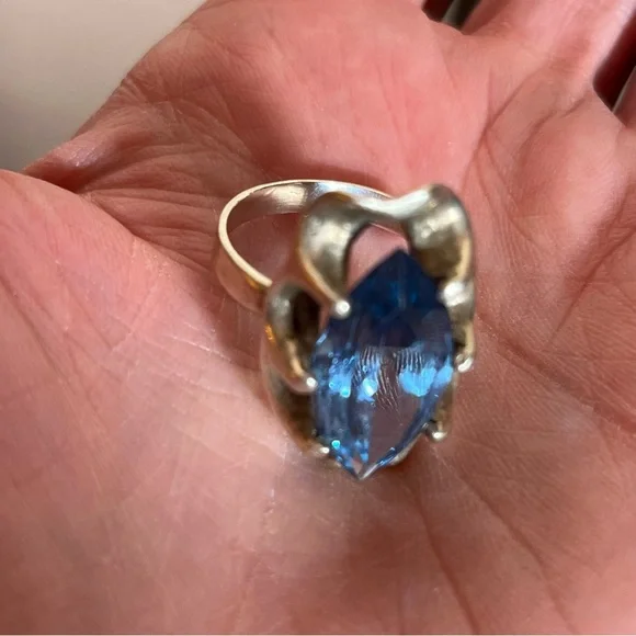 Antique art Deco Oversized Marquee Blue Topaz Brutalist Sterling Silver Ring - Picture 14 of 17